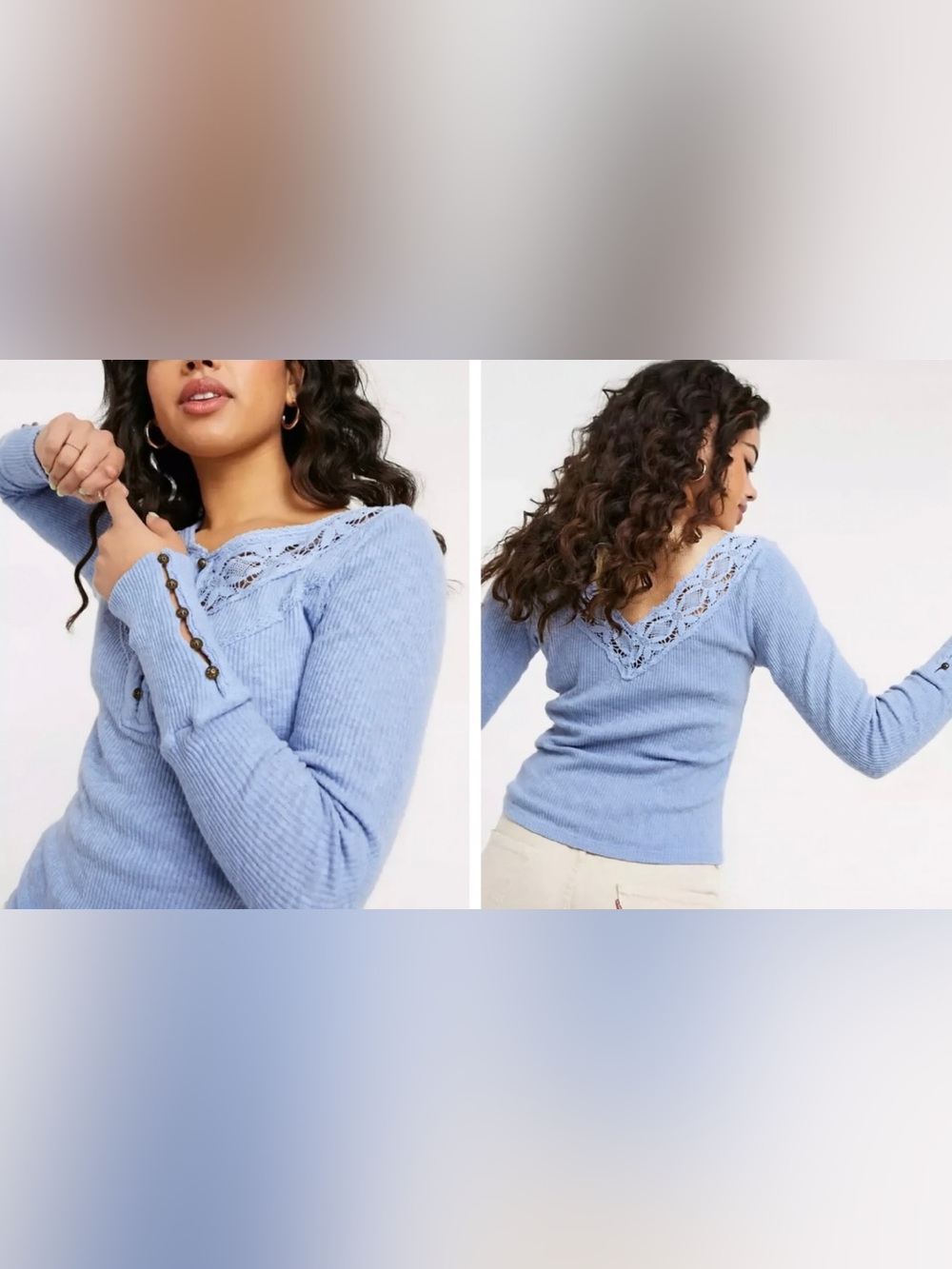 Free People Sky Blue Lace Long Sleeve Top